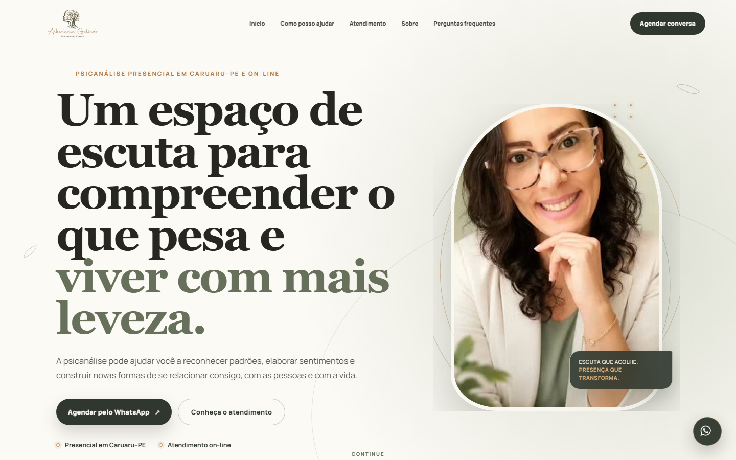 Tela do site da psicanalista Alberlania Galindo