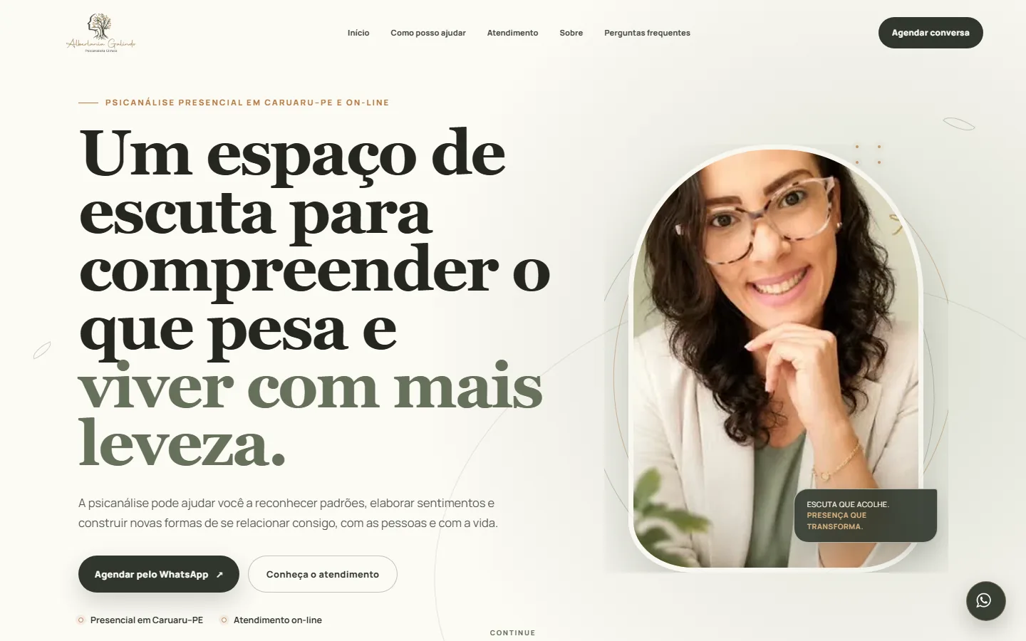 Tela do site da psicanalista Alberlania Galindo