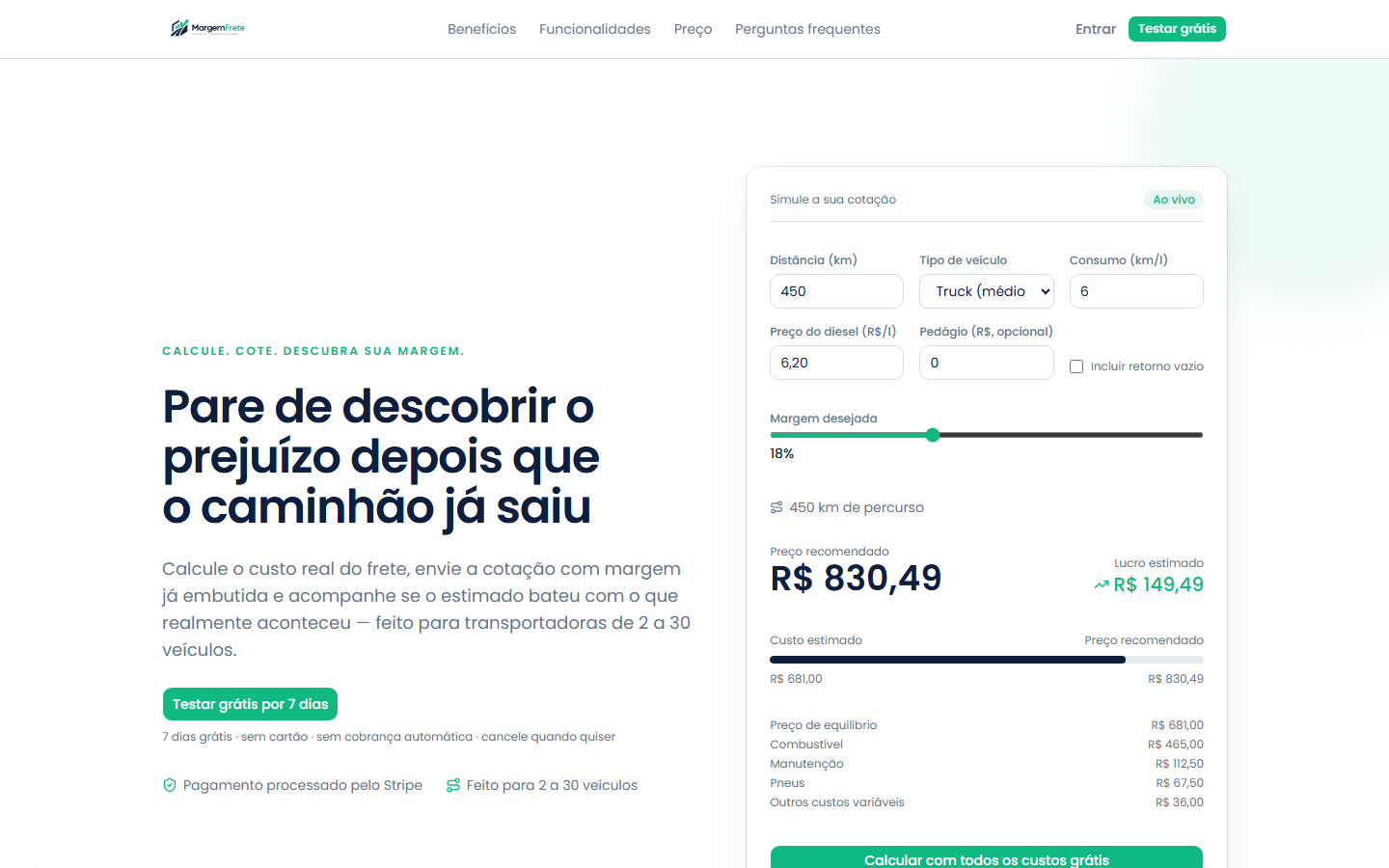Tela do MargemFrete com o simulador de cotação de frete