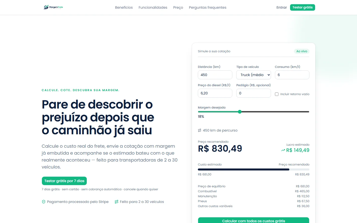 Tela do MargemFrete com o simulador de cotação de frete