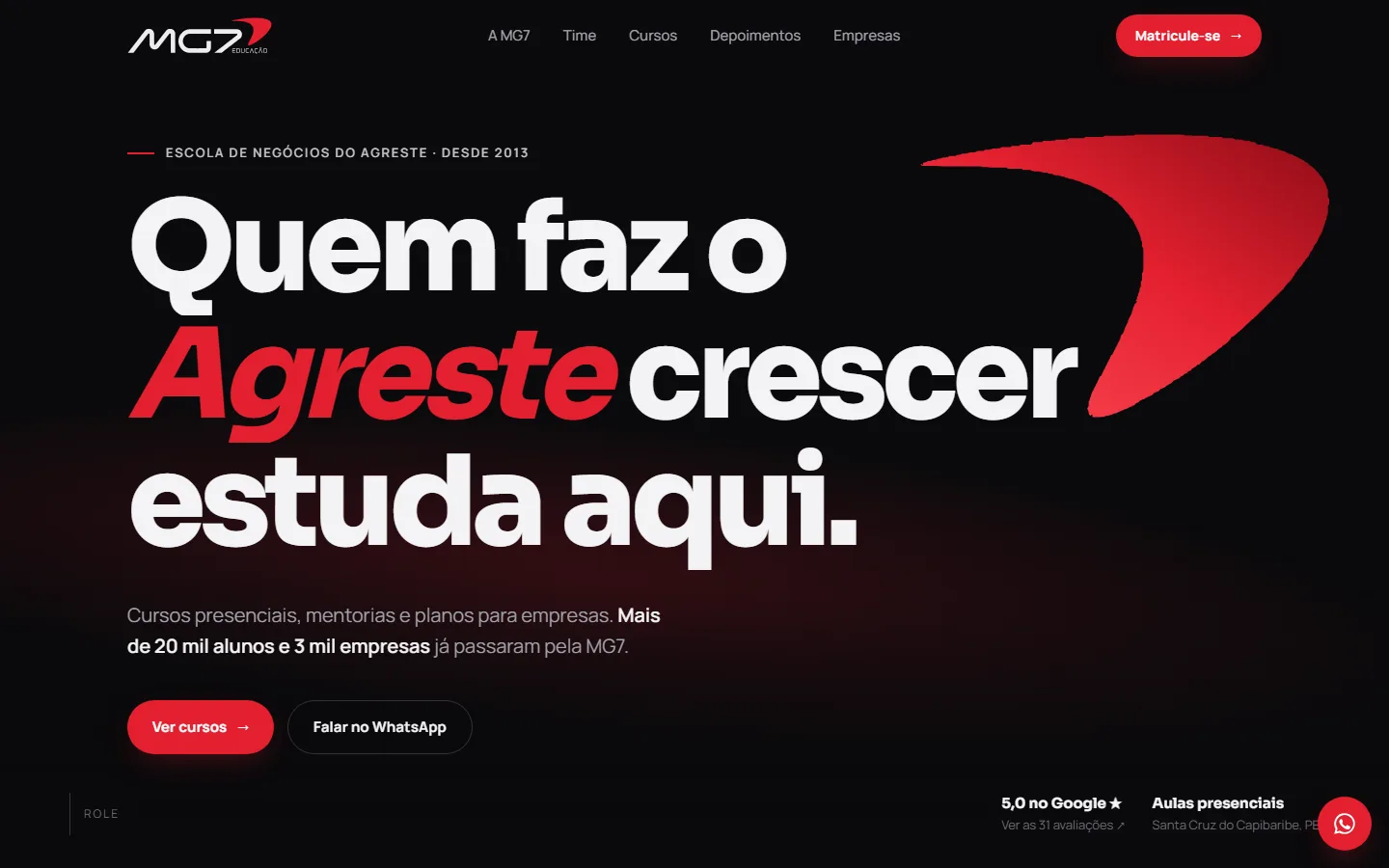 Tela do site da MG7 Educação, escola de negócios