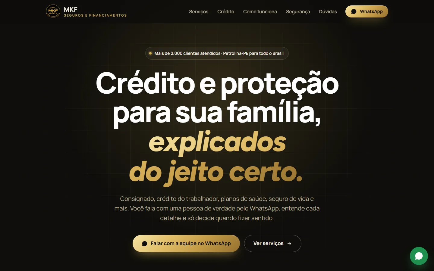 Tela do site da MKF Seguros e Financiamentos